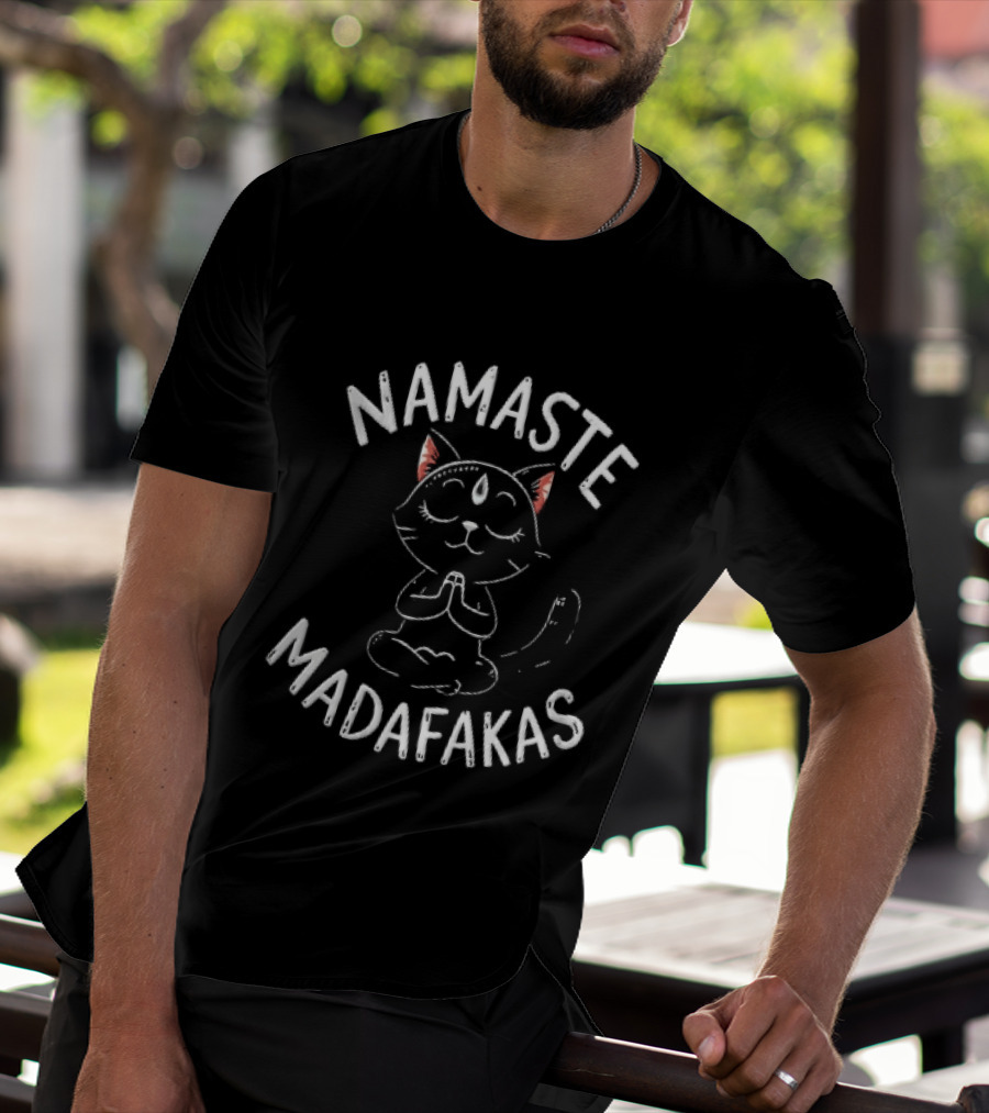Namaste Madafakas Meditating Black Cat Lotus Pose T-Shirt