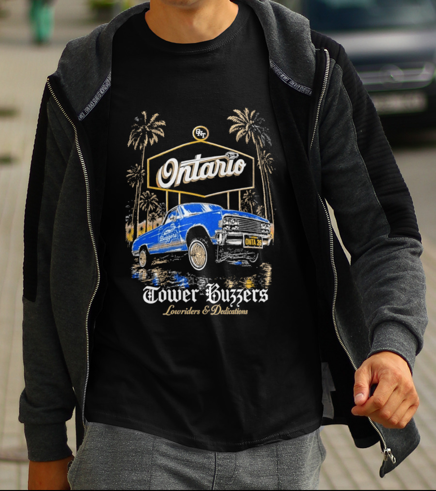Ontario Tower Buzzers Lowrider Dedication Retro Car Scene T-Shirt