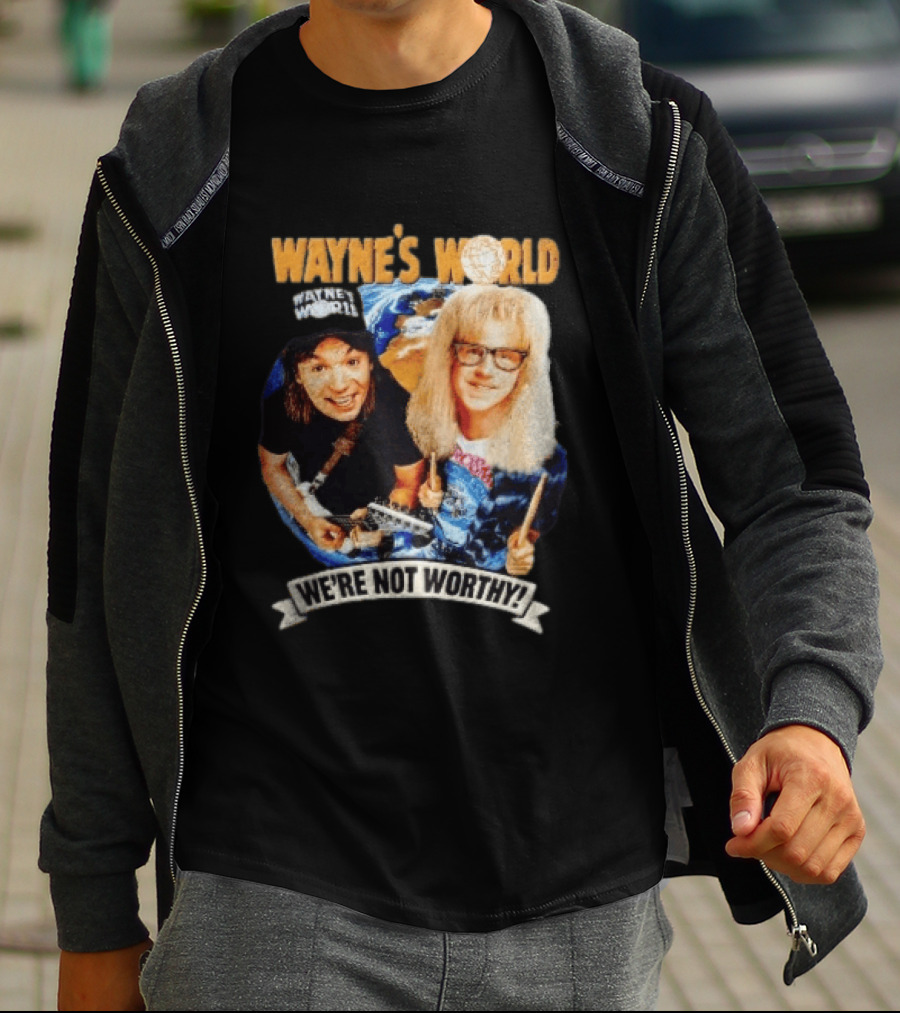 Wayne's World We're Not Worthy Wayne And Garth Classic Comedy Duo 90s Cult Film T-Shirt