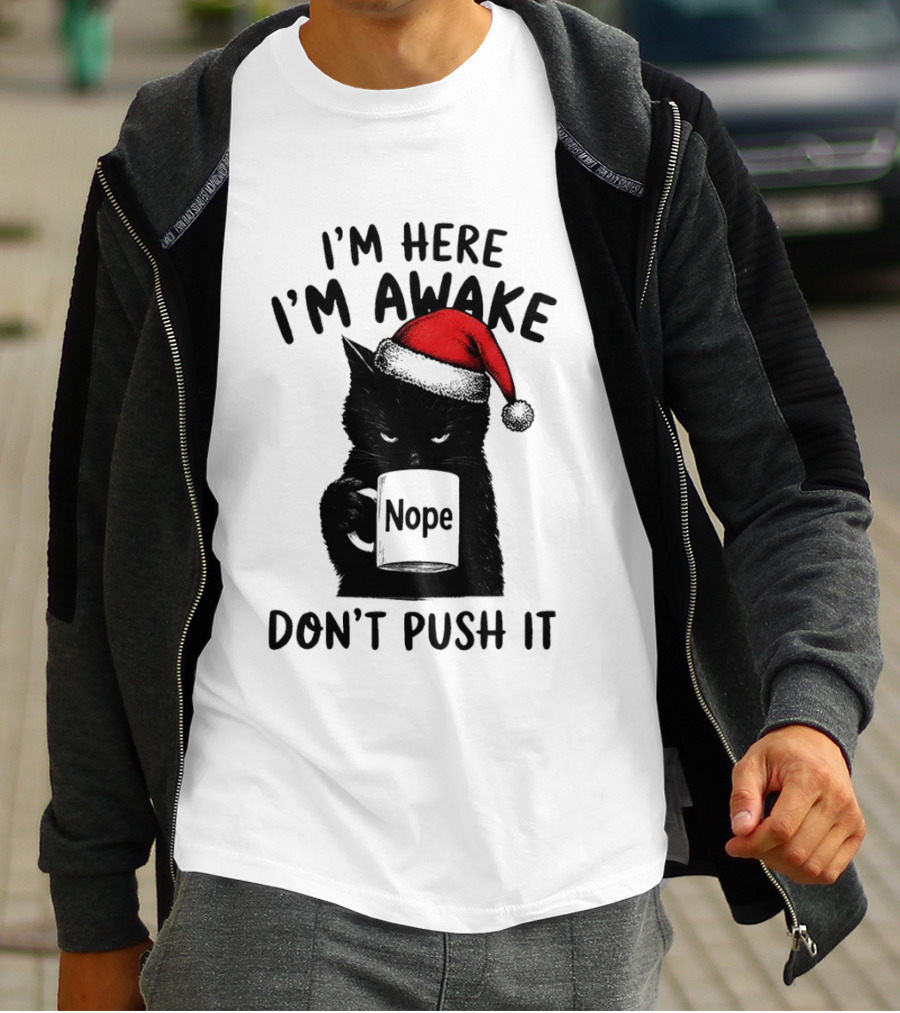 Black Cat Santa I'm Here I'm Awake Nope Don't Push It Holiday T-Shirt
