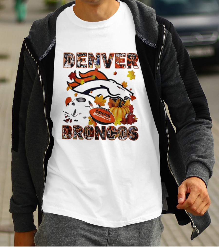 Denver Broncos Football Autumn Fall Leaves Pumpkin Halloween 2026 T-Shirt