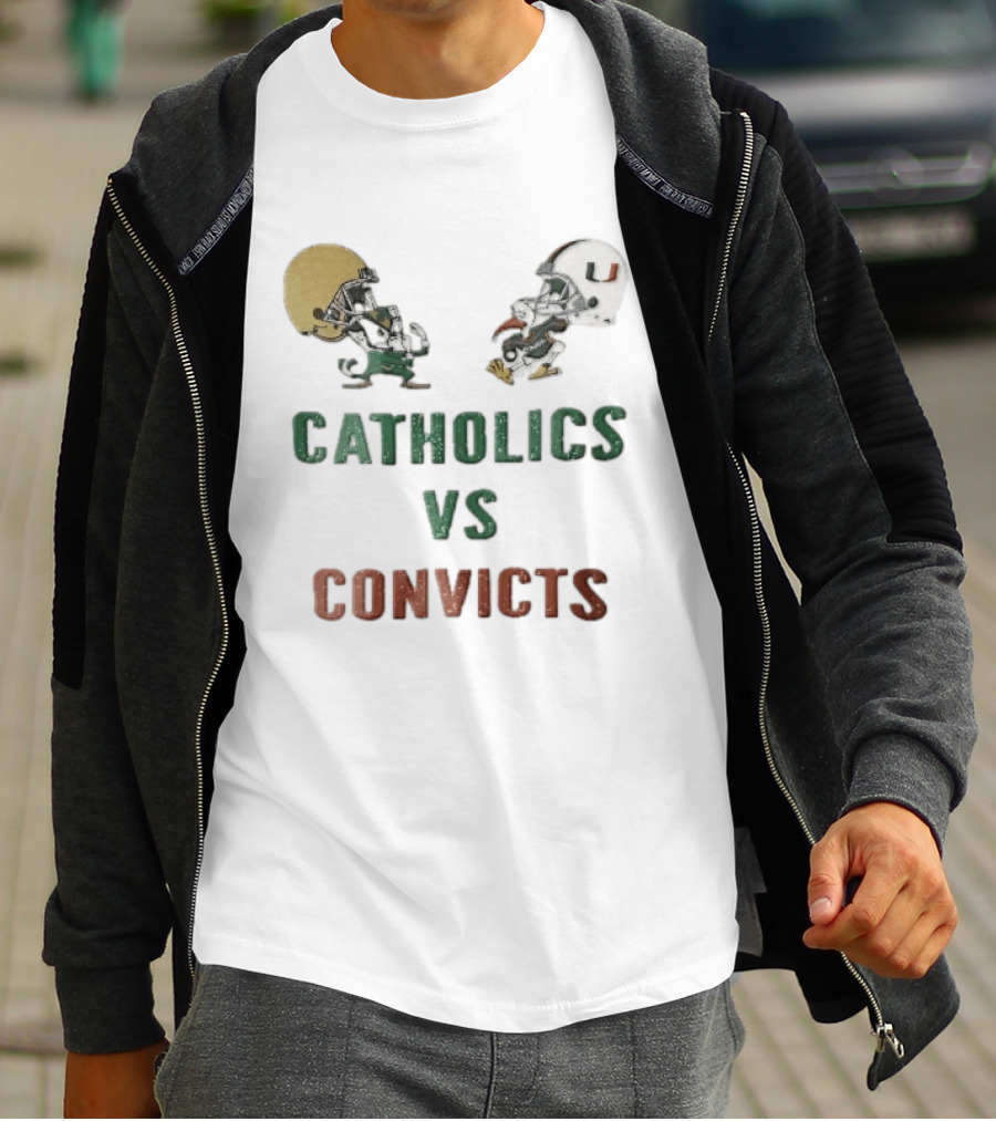 Notre Dame Fighting Irish Vs Miami Hurricanes Catholics Vs Convicts Cartoon Caricature T-Shirt
