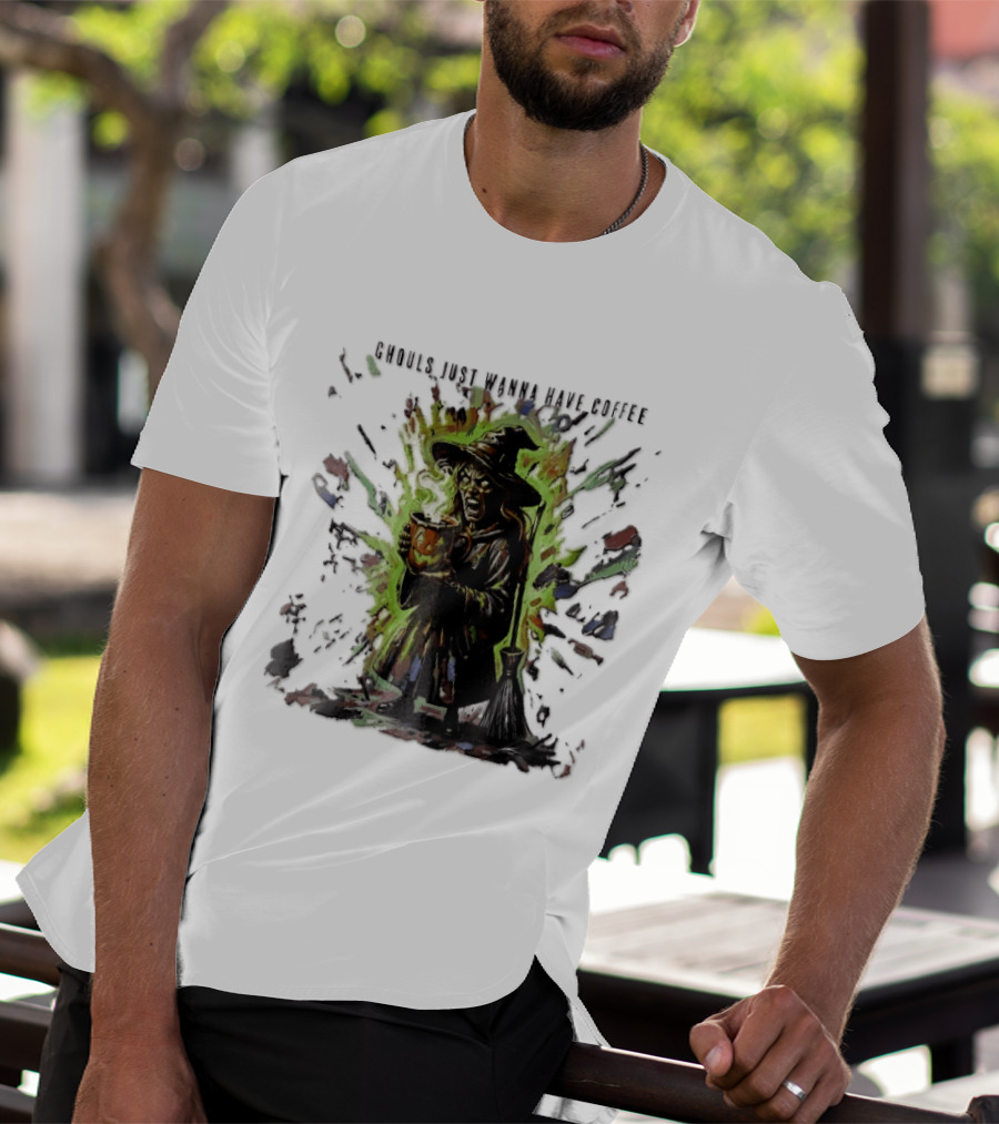 Ghouls Just Wanna Have Coffee Witch With Pumpkin And Broom Colorful Splatter T-Shirt