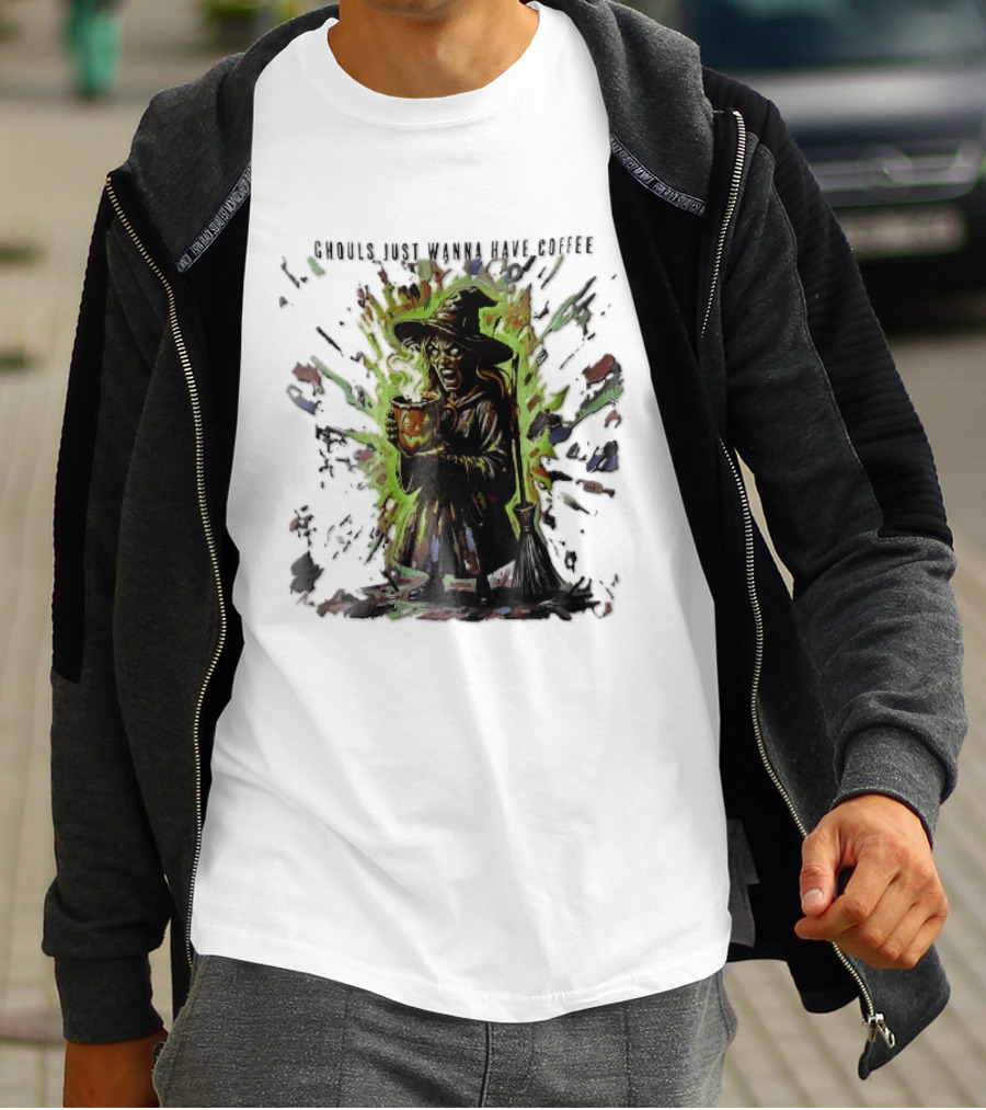 Ghouls Just Wanna Have Coffee Witch With Pumpkin And Broom Colorful Splatter T-Shirt