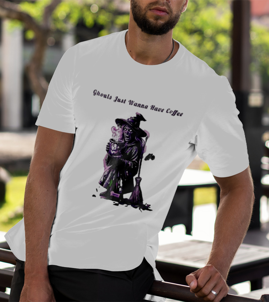 Ghouls Just Wanna Have Coffee Witch Holding Steaming Broomstick T-Shirt