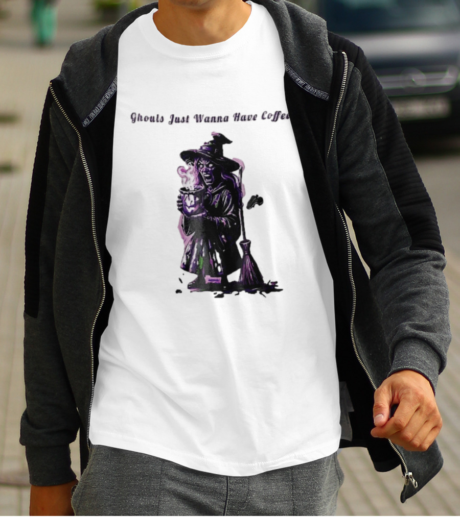 Ghouls Just Wanna Have Coffee Witch Holding Steaming Broomstick T-Shirt