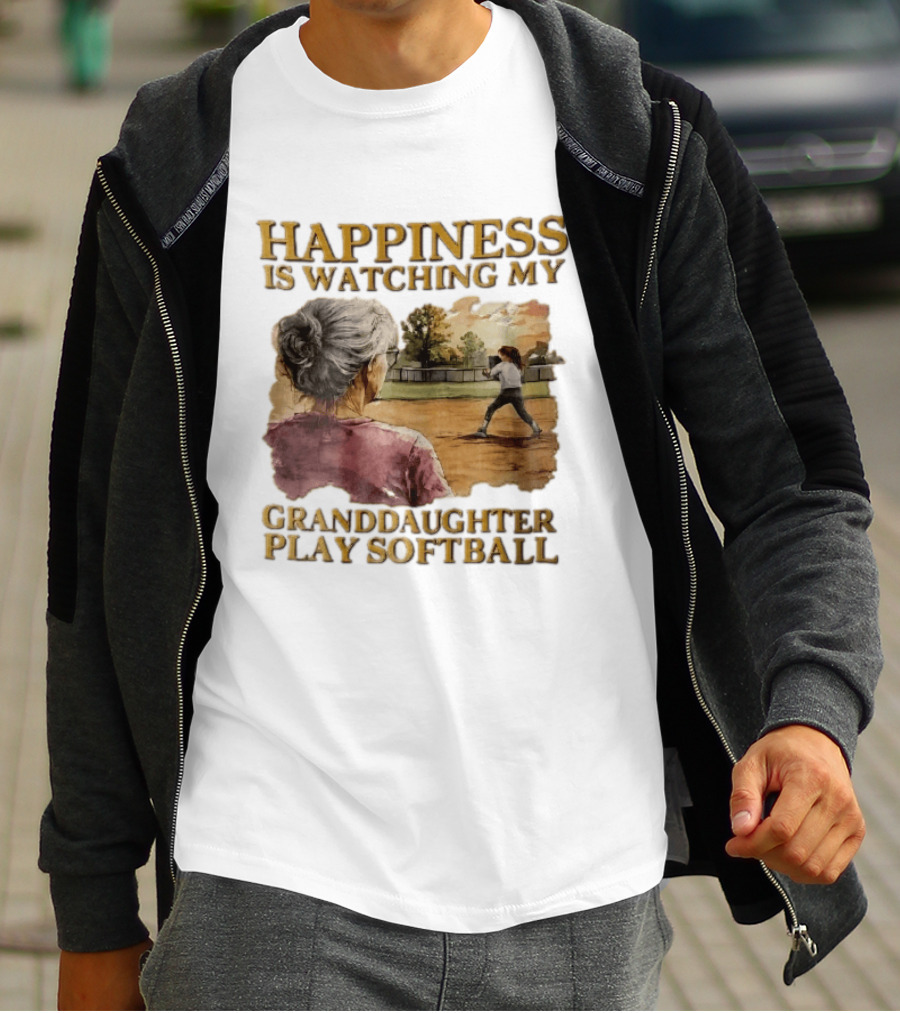 Happiness Is Ing My Granddaughter Play Softball Grandmother Back View Girl Field Sunset T-Shirt