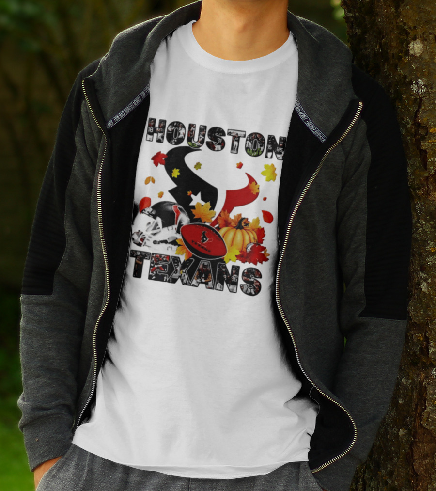 Houston Texans Football Autumn Fall Pumpkin Helmet Leaves 2026 Halloween T-Shirt
