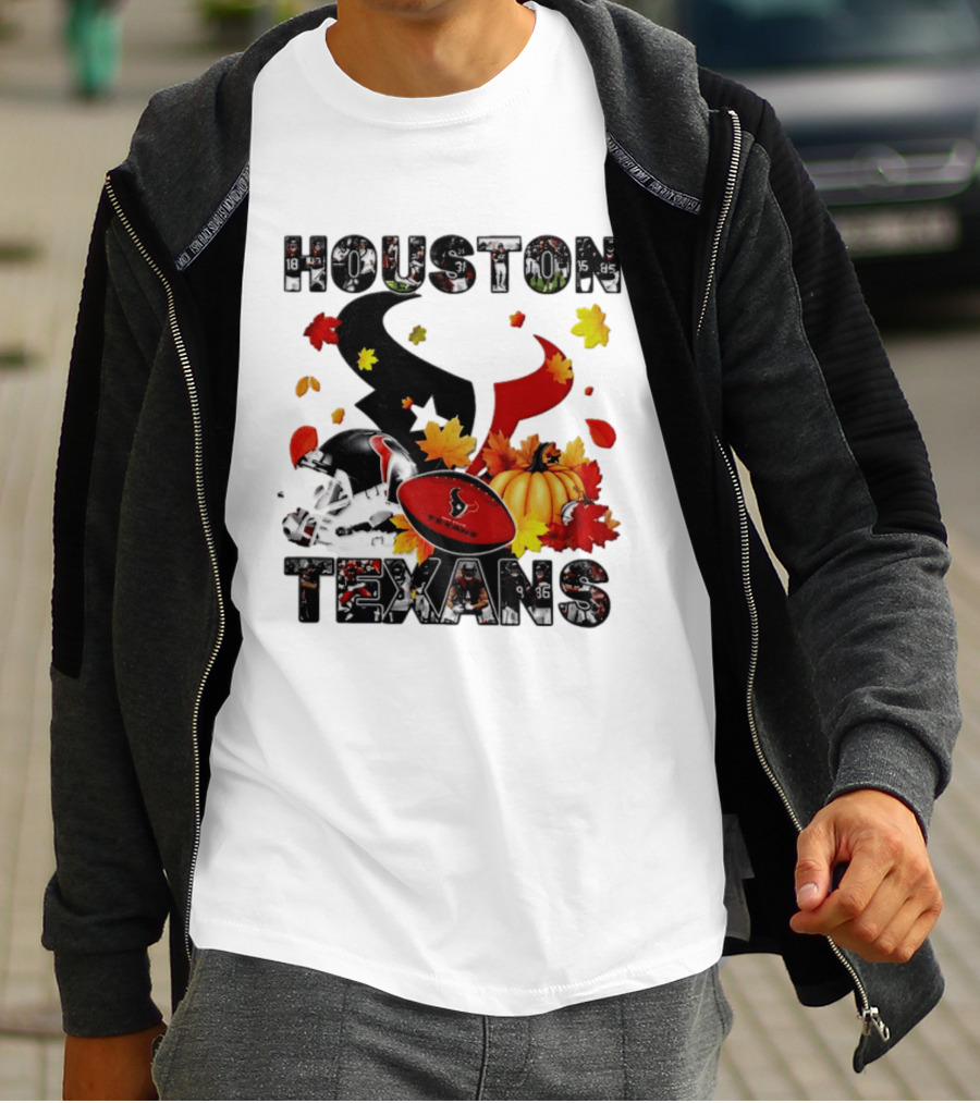 Houston Texans Football Autumn Fall Pumpkin Helmet Leaves 2026 Halloween T-Shirt