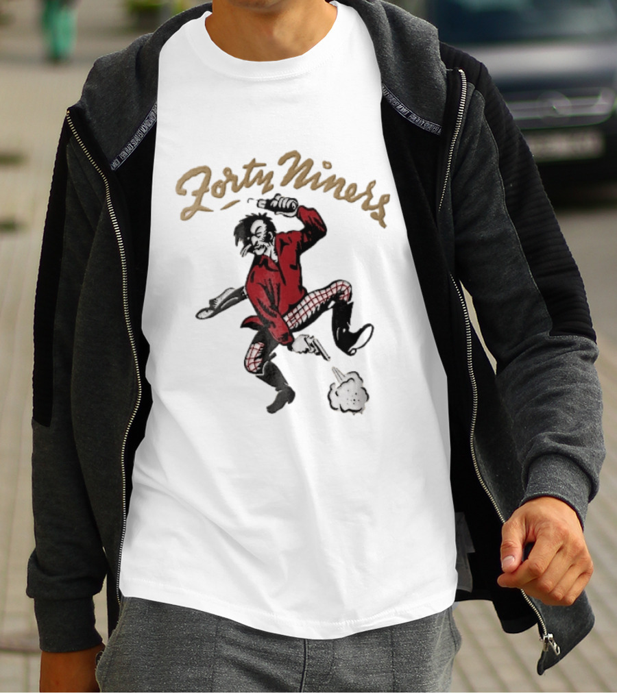 San Francisco 49ers Forty Niners Cartoon Gold Rush Miner Shooting Pistol Vintage Football T-Shirt