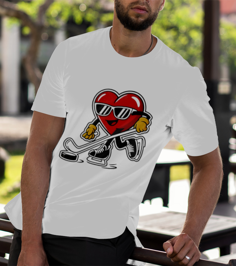 I Love Hockey Heart Character With Sunglasses And Stick T-Shirt