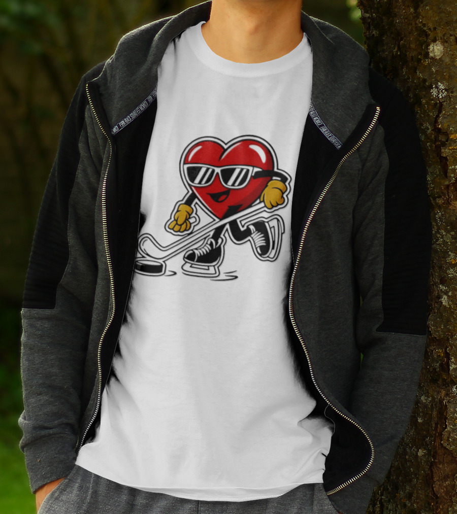 I Love Hockey Heart Character With Sunglasses And Stick T-Shirt