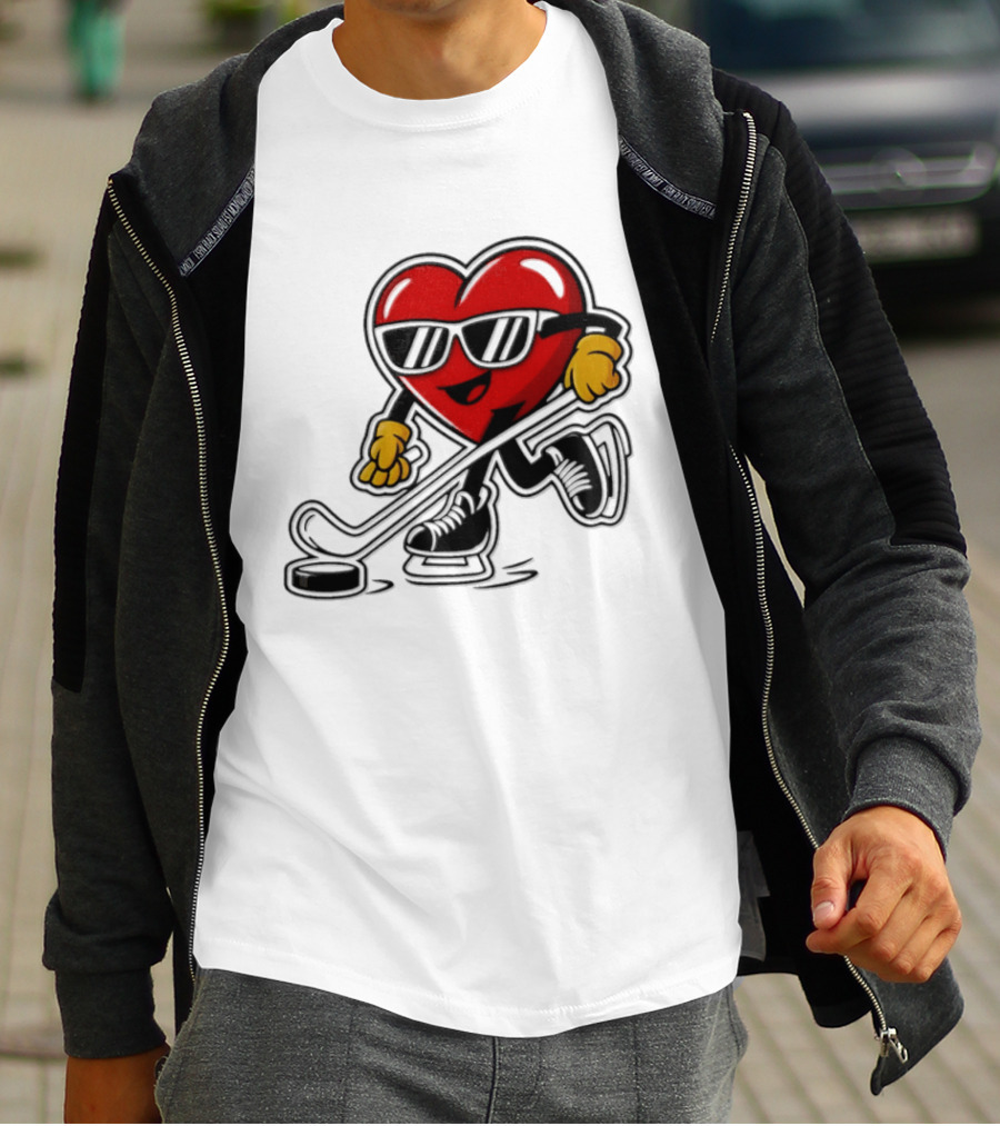 I Love Hockey Heart Character With Sunglasses And Stick T-Shirt