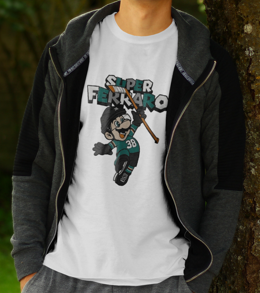 Super Ferraro Mario 38 Ice Hockey Player Jumping Stick Cartoon Caricature T-Shirt