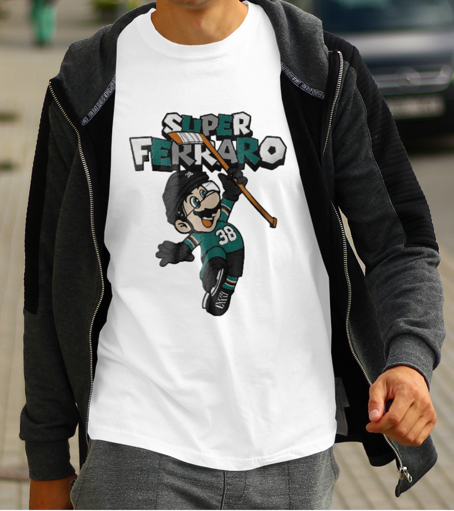 Super Ferraro Mario 38 Ice Hockey Player Jumping Stick Cartoon Caricature T-Shirt