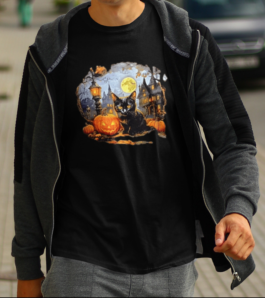 Black Cat Haunted House Pumpkin Full Moon Halloween Magic T-Shirt