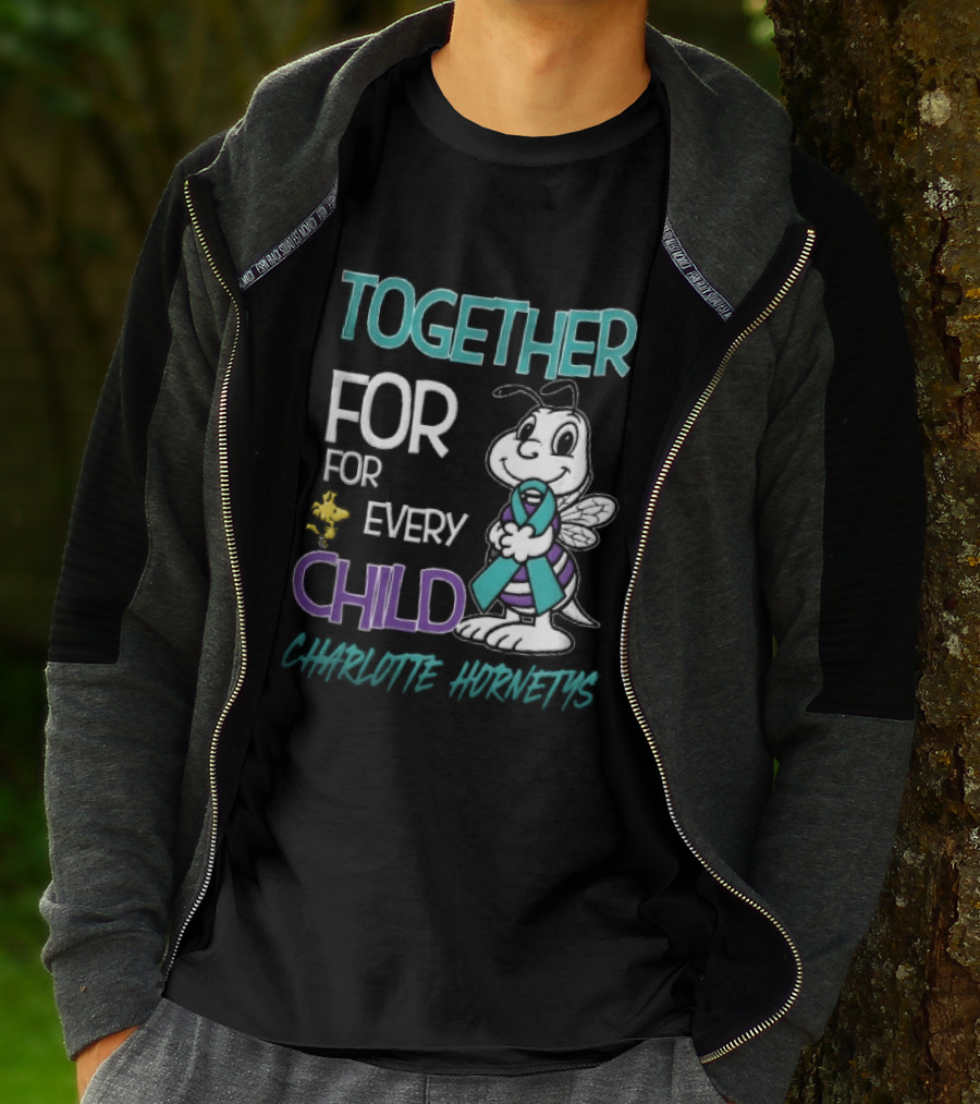 TOGETHER FOR EVERY CHILD Charlotte Hornets Cartoon Hornet Holding Ribbon Woodstock T-Shirt