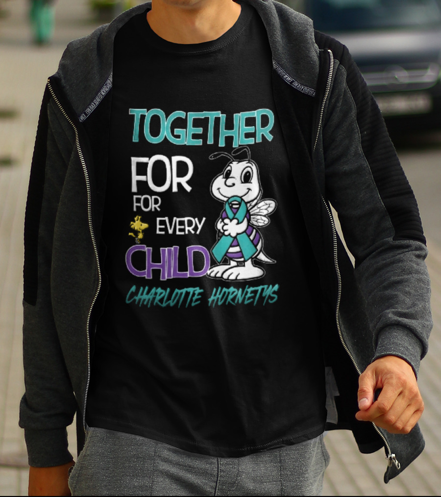 TOGETHER FOR EVERY CHILD Charlotte Hornets Cartoon Hornet Holding Ribbon Woodstock T-Shirt