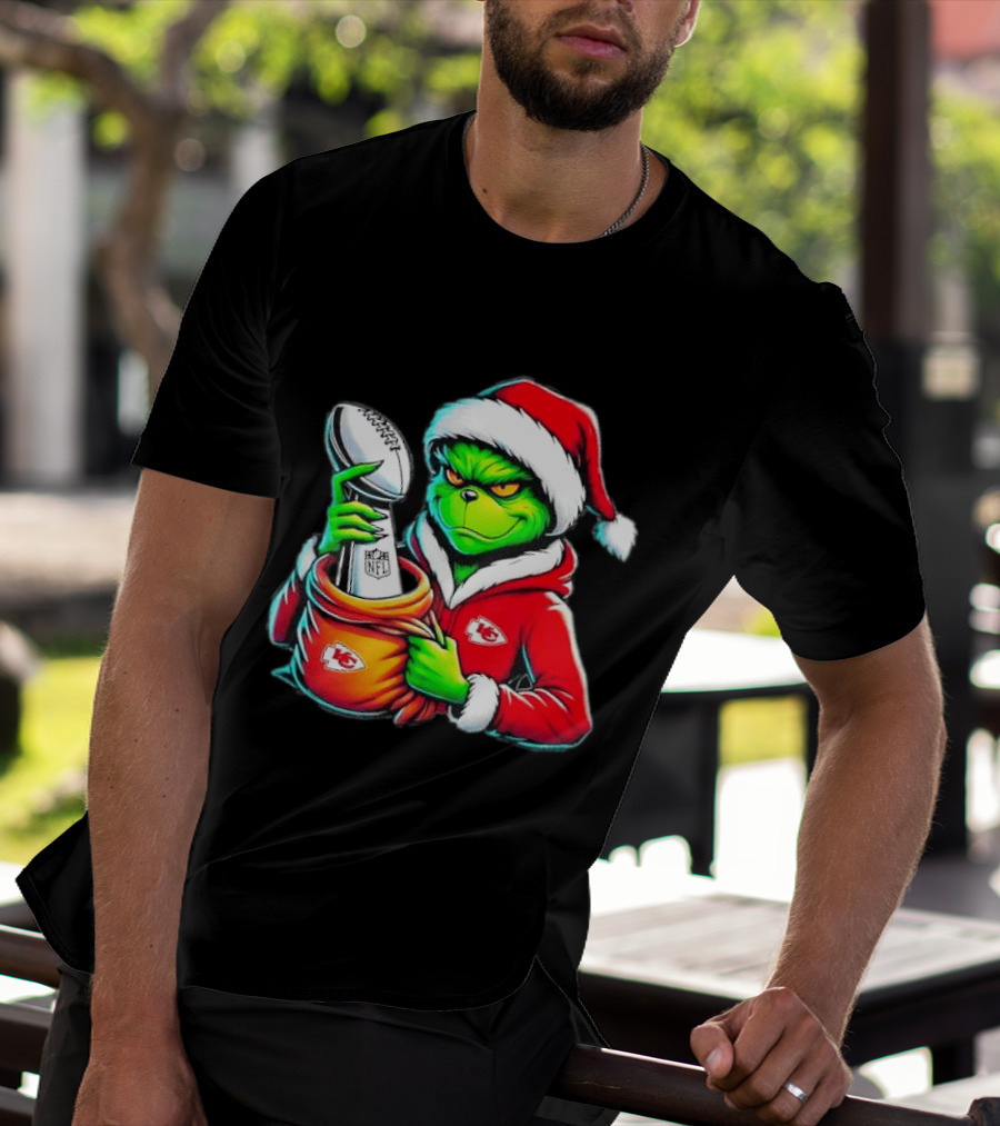 Kansas City Chiefs Grinch Christmas Holiday NFL Trophy Santa Hat T-Shirt