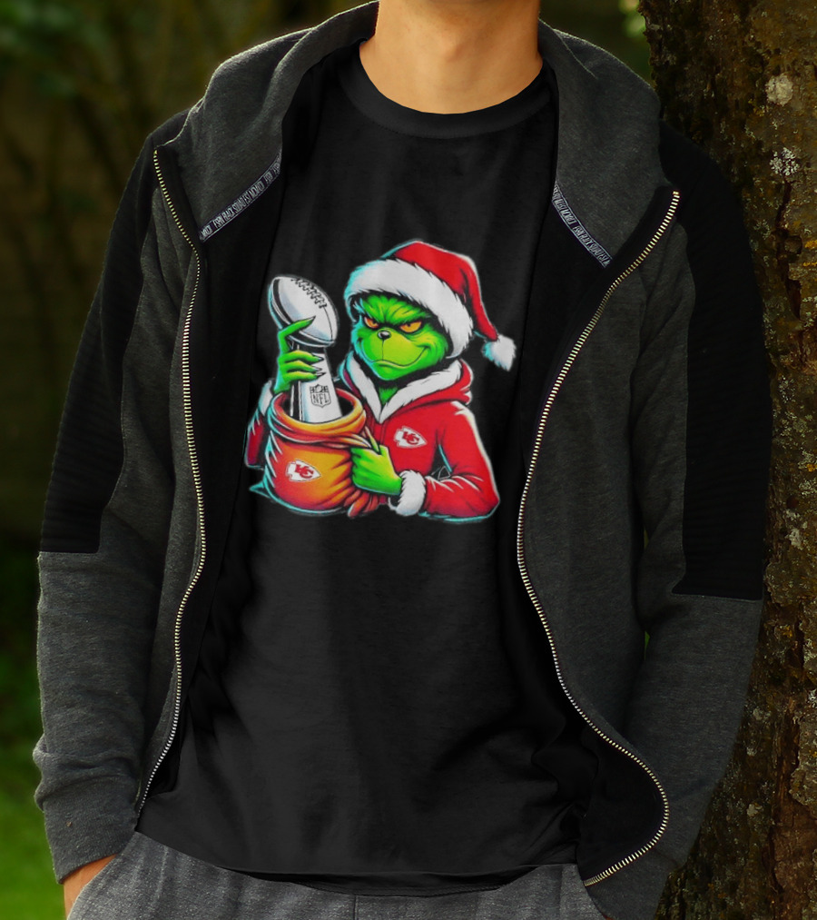 Kansas City Chiefs Grinch Christmas Holiday NFL Trophy Santa Hat T-Shirt