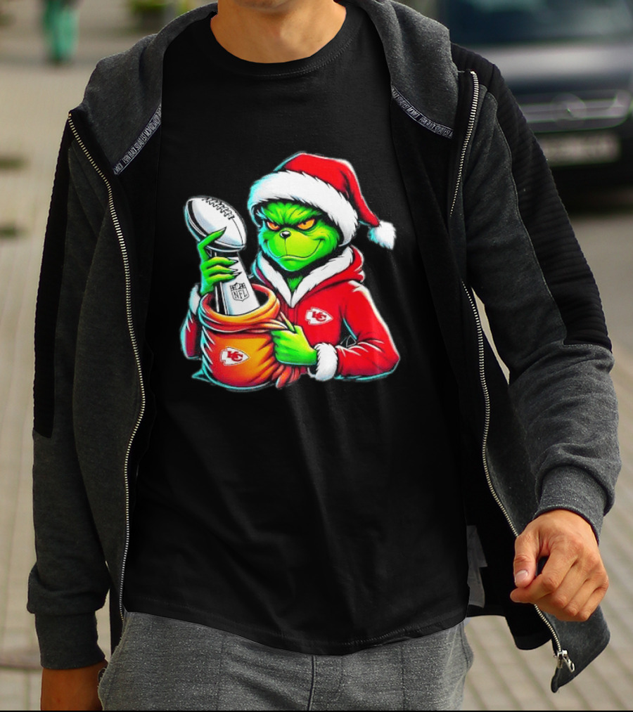 Kansas City Chiefs Grinch Christmas Holiday NFL Trophy Santa Hat T-Shirt