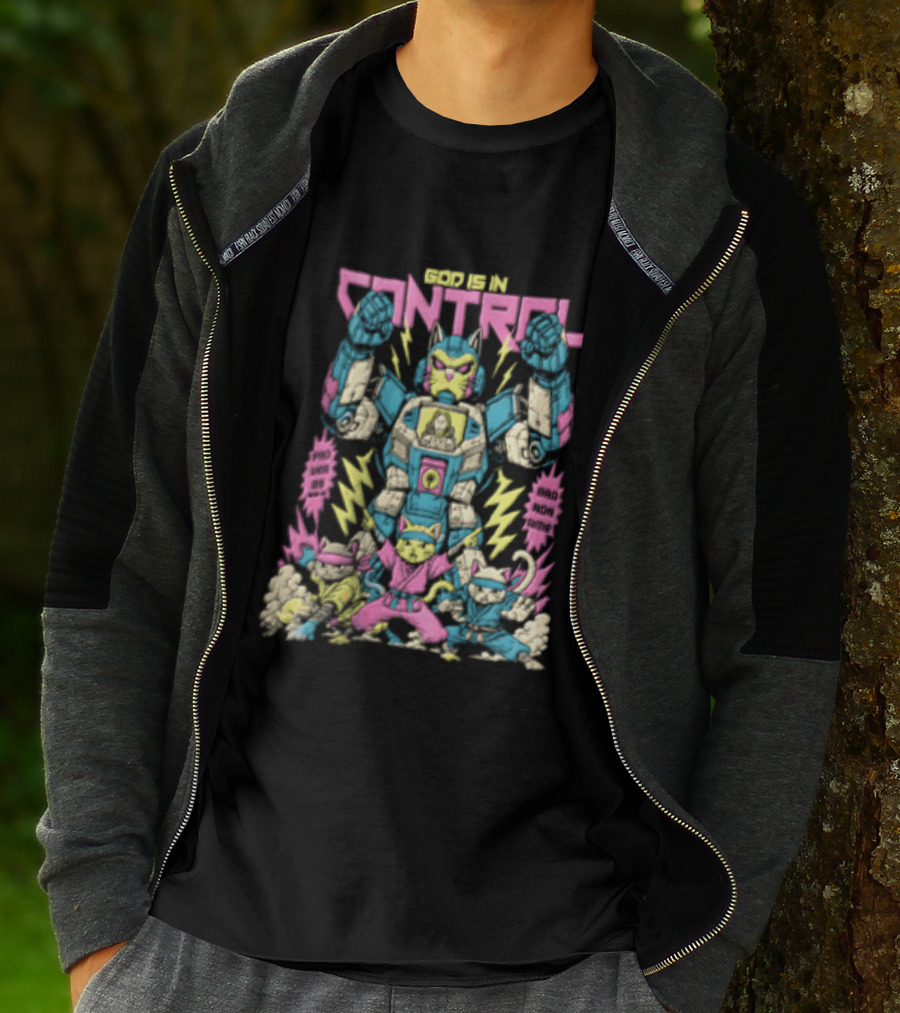Mecha Cat Jesus Ninja Kittens God Is In Control Proverbs 3 6 T-Shirt