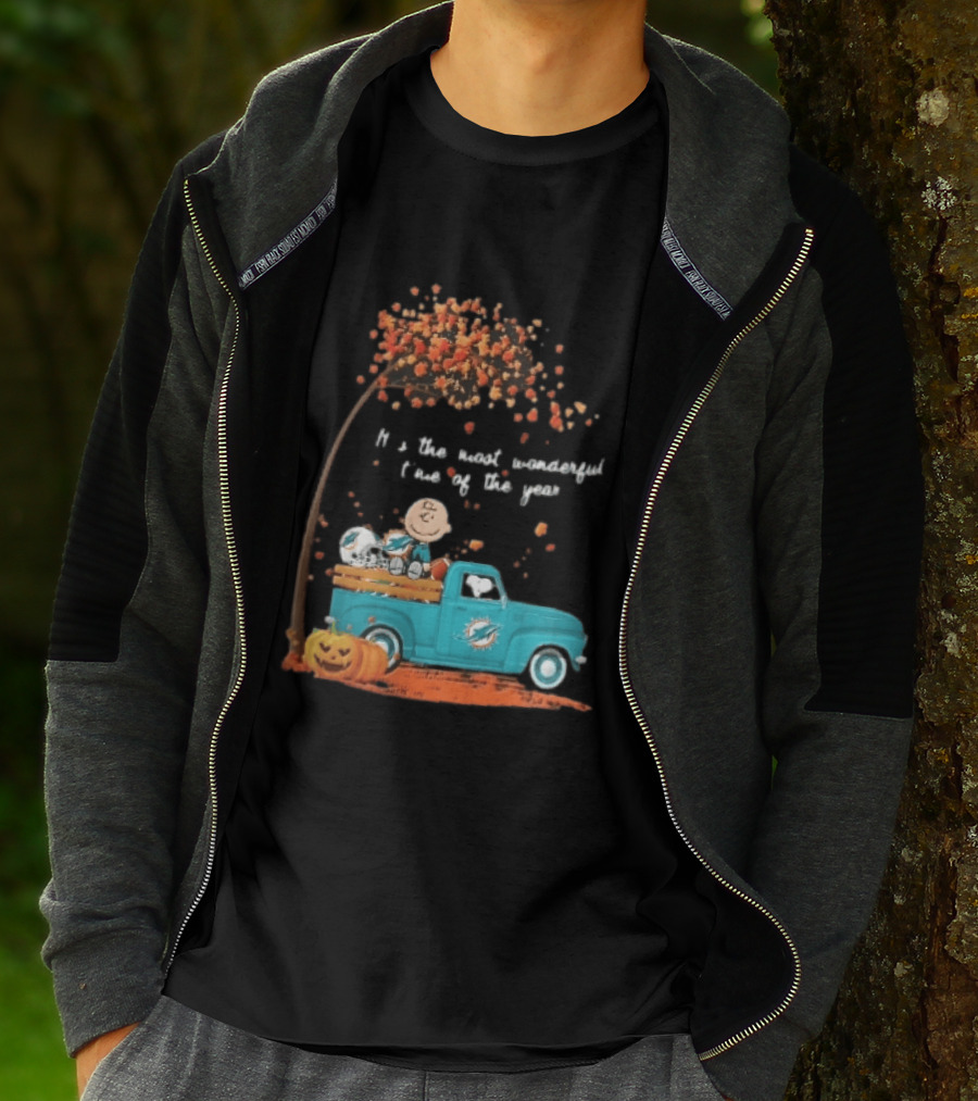 Miami Dolphins Charlie Brown Snoopy Pickup Truck Pumpkins Most Wonderful Time Of Year T-Shirt