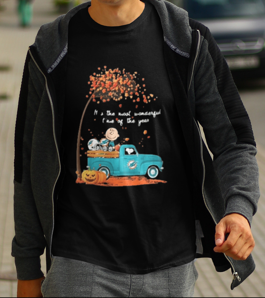 Miami Dolphins Charlie Brown Snoopy Pickup Truck Pumpkins Most Wonderful Time Of Year T-Shirt