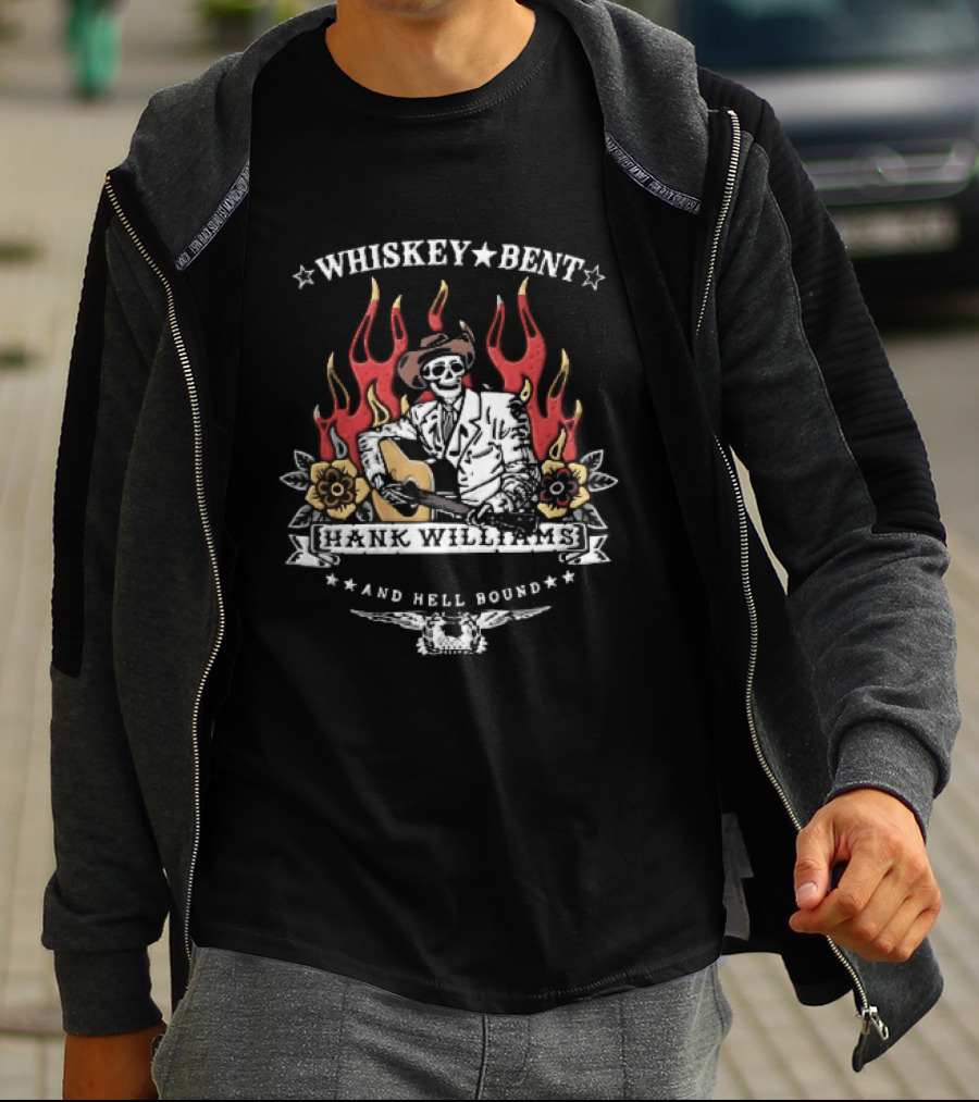 Hank Williams Jr Whiskey Bent And Hell Bound Western Guitar Flames T-Shirt