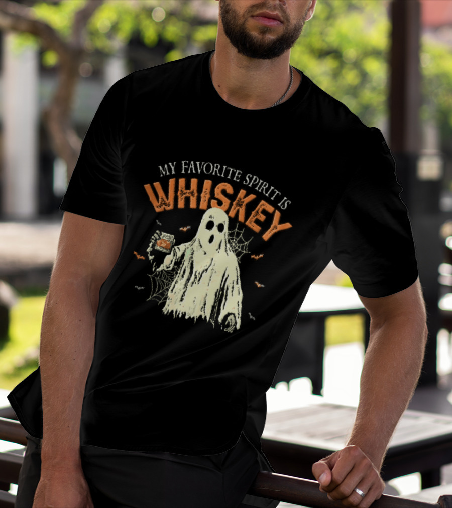 My Favorite Spirit Is Whiskey Ghost Holding Glass Bats Cobwebs Distressed T-Shirt
