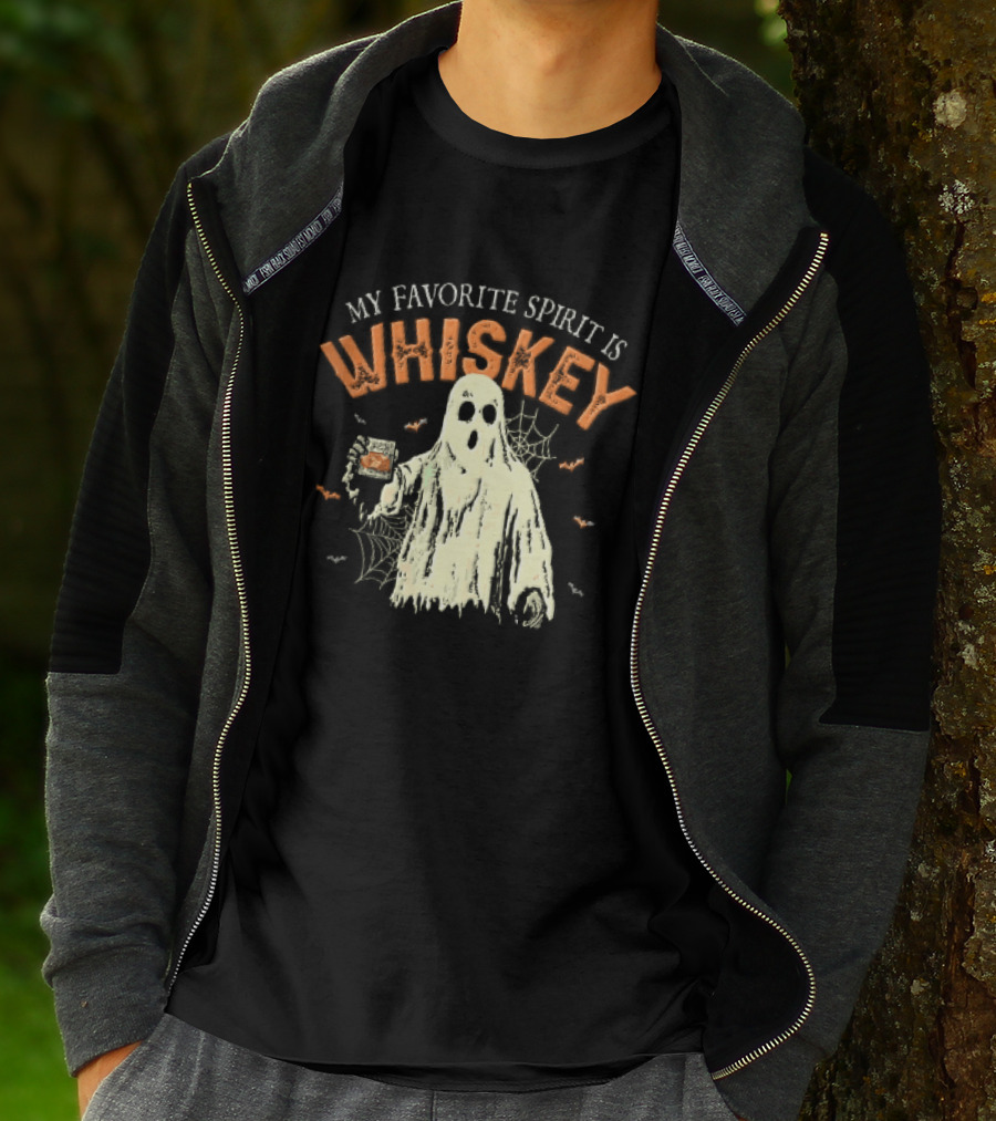 My Favorite Spirit Is Whiskey Ghost Holding Glass Bats Cobwebs Distressed T-Shirt