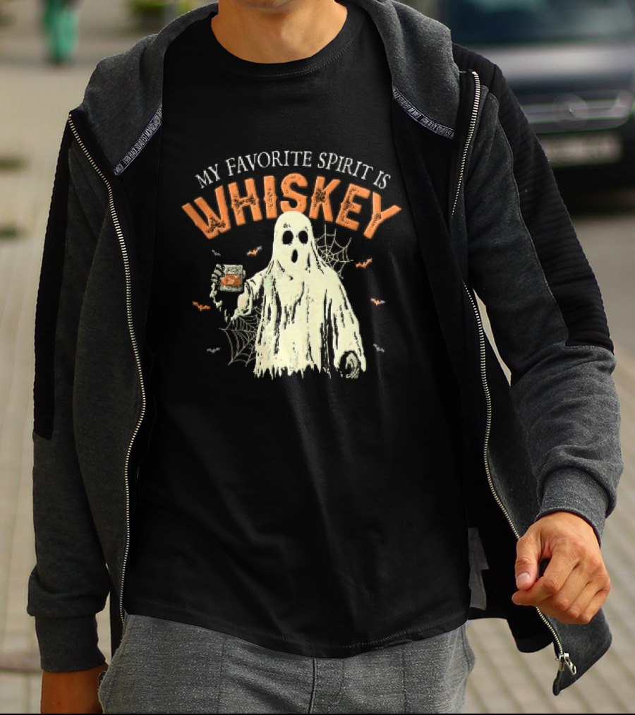 My Favorite Spirit Is Whiskey Ghost Holding Glass Bats Cobwebs Distressed T-Shirt