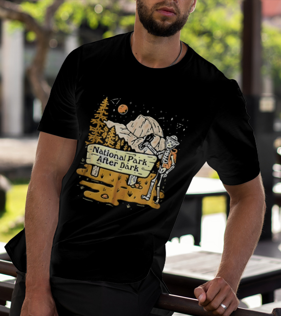 National Park After Dark Skeleton Ranger With Raven And Mountain Cartoons T-Shirt