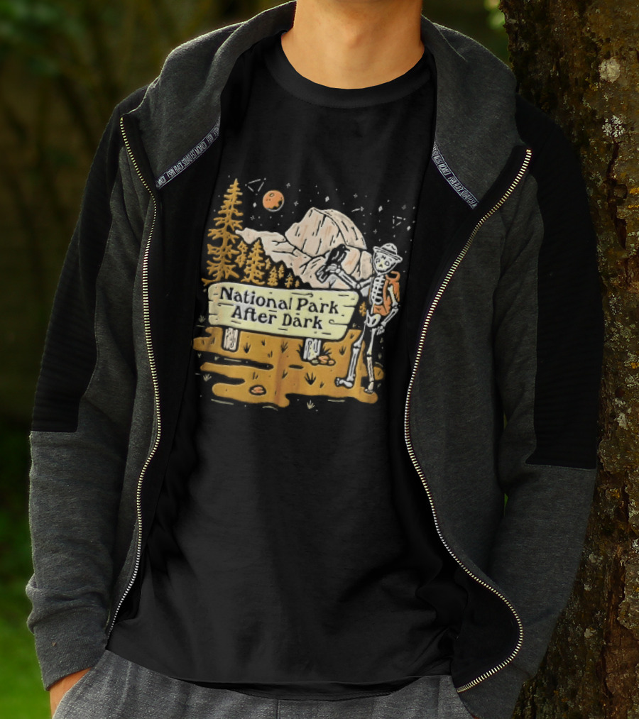 National Park After Dark Skeleton Ranger With Raven And Mountain Cartoons T-Shirt