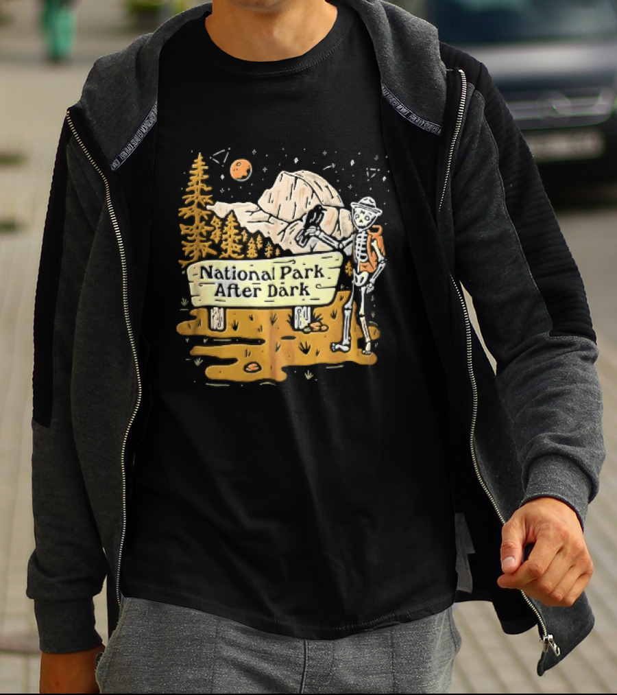 National Park After Dark Skeleton Ranger With Raven And Mountain Cartoons T-Shirt