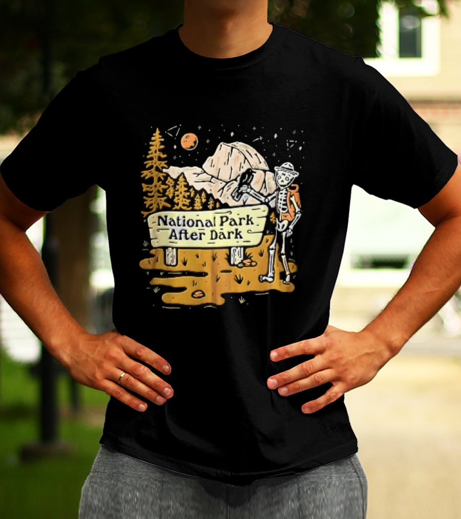 National Park After Dark Skeleton Ranger With Raven And Mountain Cartoons T-Shirt