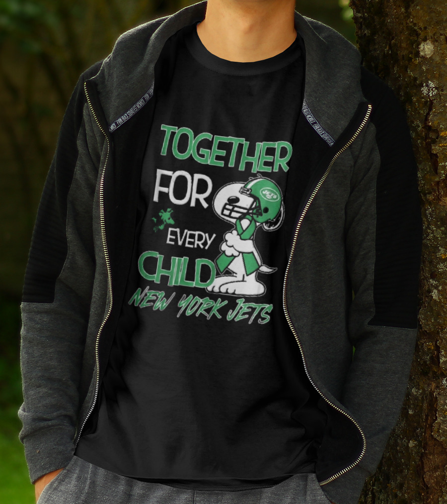 New York Jets Snoopy Woodstock Together For Every Child Football Helmet Green Ribbon T-Shirt