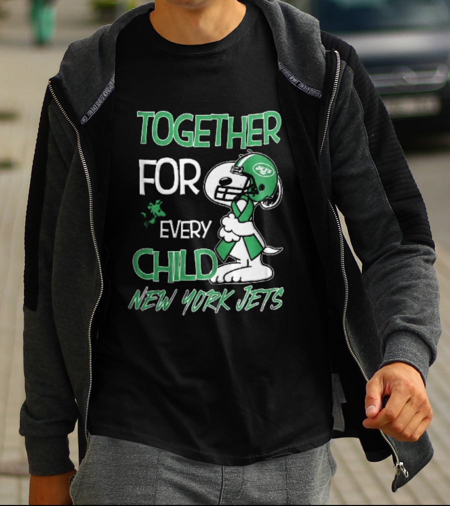New York Jets Snoopy Woodstock Together For Every Child Football Helmet Green Ribbon T-Shirt