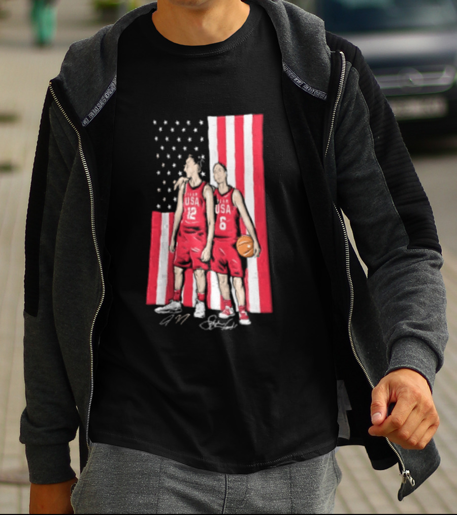 Sue Bird Diana Taurasi USA Basketball American Flag Signatures T-Shirt