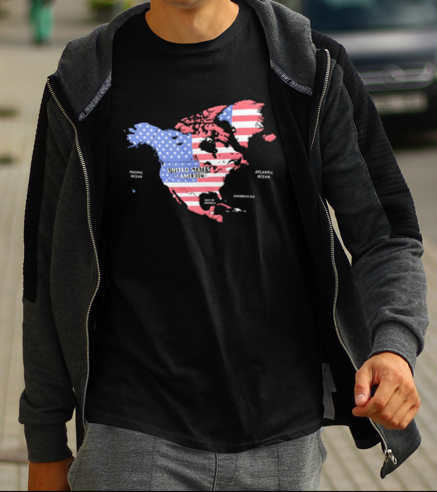 United States American Flag Map Of North America Featuring USA Canada Mexico Greenland T-Shirt