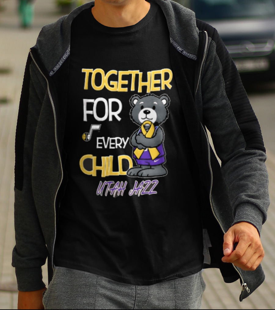 Utah Jazz Together For Every Child Cartoon Bear Gold Ribbon Purple Uniform T-Shirt
