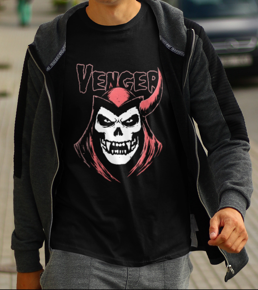 Venger Distressed Red Hooded Skull Face One Horned Demon T-Shirt