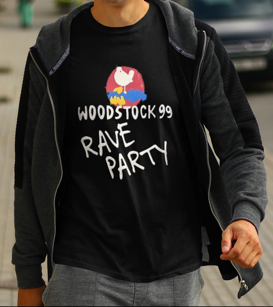 Woodstock 99 Rave Party White Dove Blue Guitar Red T-Shirt