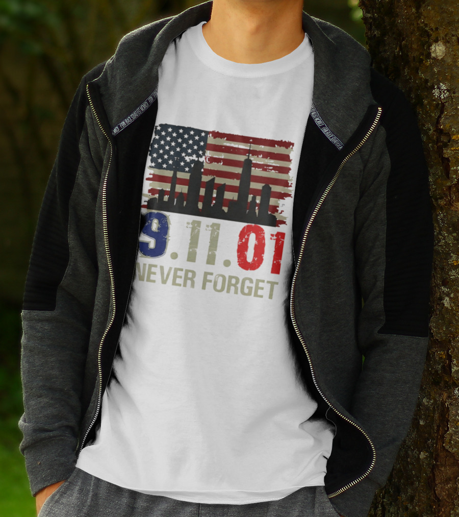 9.11.01 Never Forget American Flag Skyline Memorial Patriot 9 11 T-Shirt
