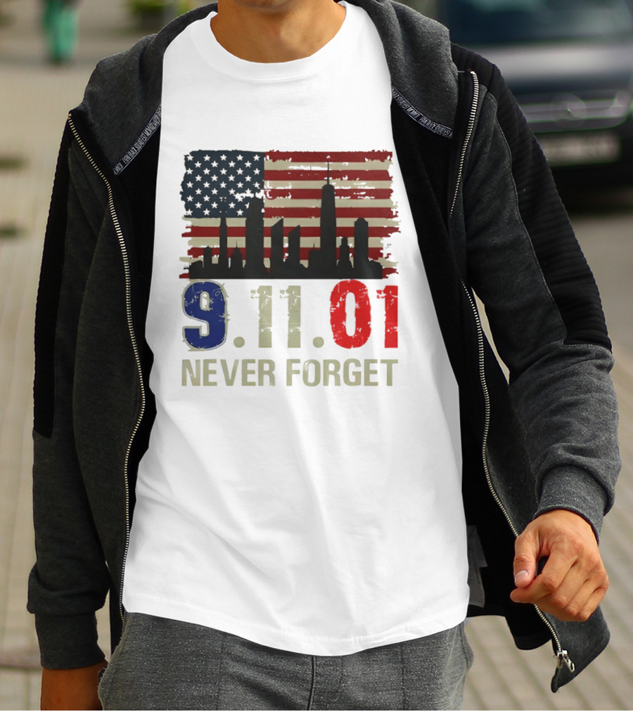 9.11.01 Never Forget American Flag Skyline Memorial Patriot 9 11 T-Shirt
