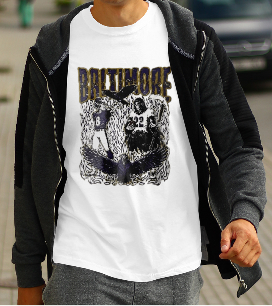 Baltimore Ravens Skeleton Grim Reaper Scythe Purple Flames Football Players Ravens T-Shirt