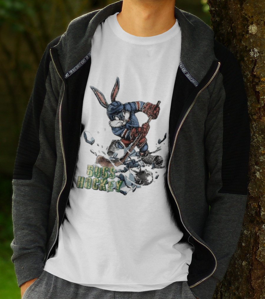 Bugs Hockey Cartoon Bunny Cracking Ice Puck Shot Distressed T-Shirt
