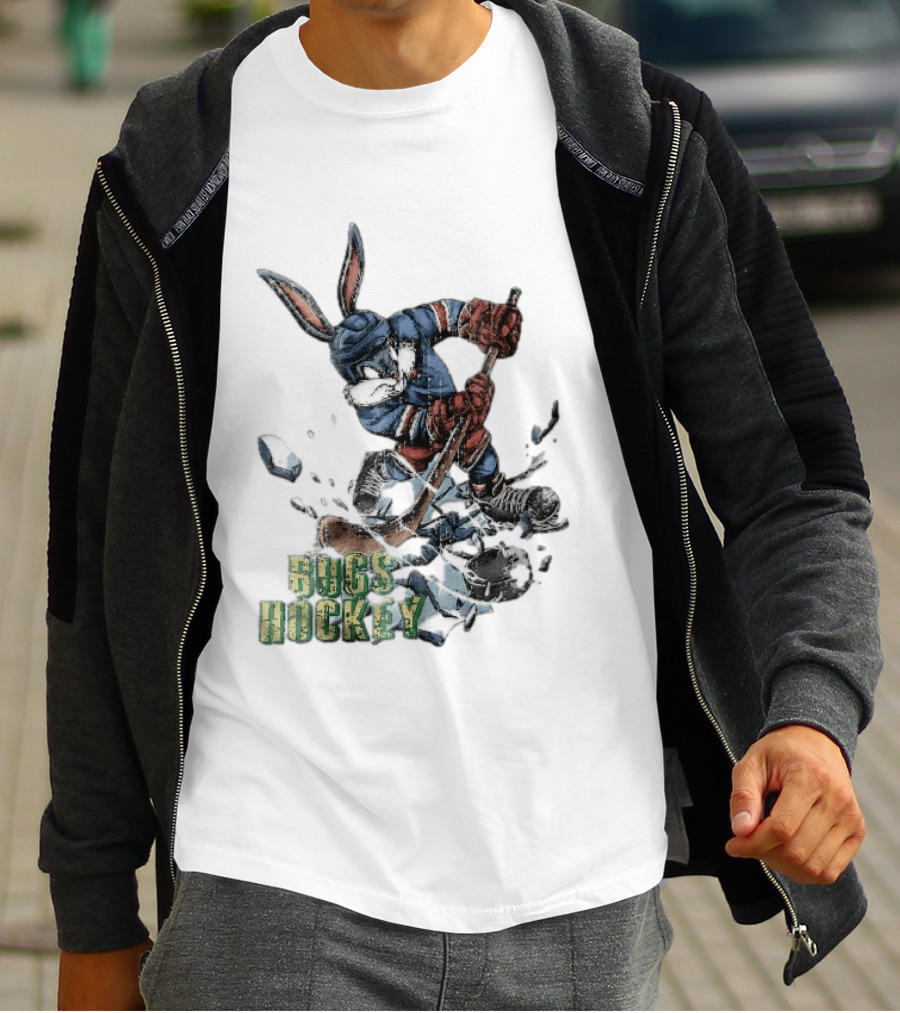 Bugs Hockey Cartoon Bunny Cracking Ice Puck Shot Distressed T-Shirt