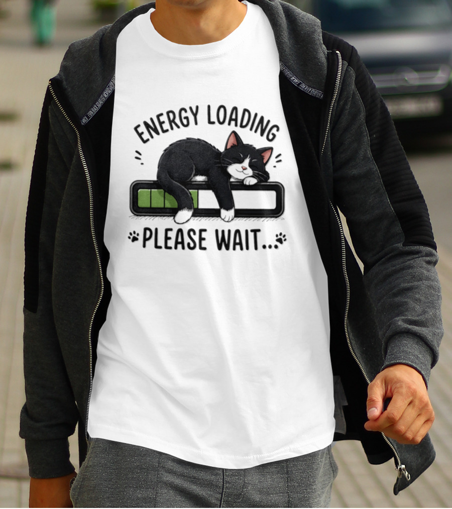 Cat Energy Loading Please Wait Sleeping Black Cat Battery Charge T-Shirt