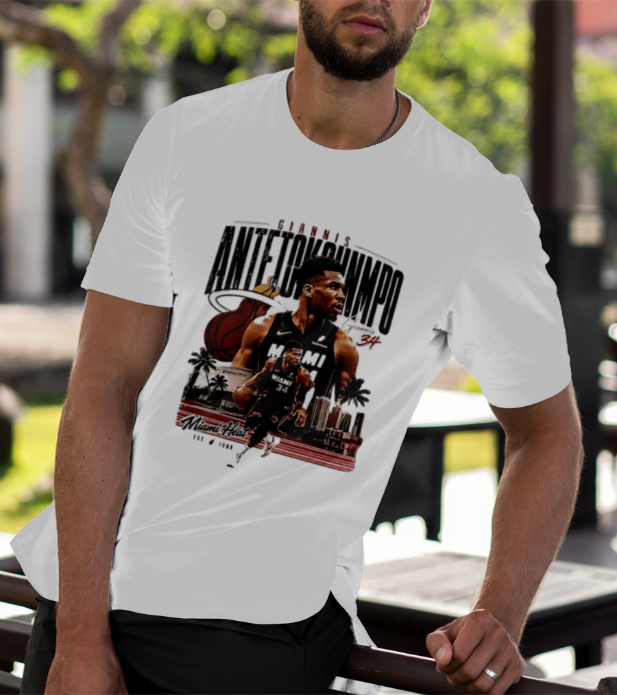 Giannis Antetokounmpo Miami Heat NBA Player Est 1988 Kaseya Center Palms And Cityscape T-Shirt